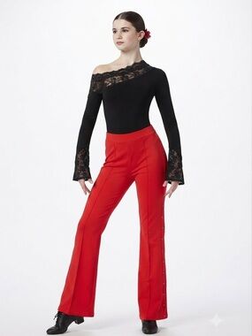 Black Lace Leotard Red Flare Pants Contemporary Dance Costume SA